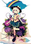  blue_eyes bow dise flower hat hat_bow heart heart_of_string hydrangea komeiji_koishi leg_lift puddle rainbow solo third_eye touhou transparent transparent_umbrella umbrella white_hair 