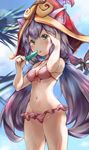  animal_ears bikini blush erementa fairy fairy_wings food green_eyes hat highres league_of_legends licking looking_at_viewer lulu_(league_of_legends) navel pix popsicle purple_hair red_eyes sweat swimsuit tongue tongue_out twintails wings 