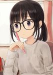  :/ black-framed_eyewear blue_eyes book brown_hair curtains expressionless glasses holding holding_pen indoors long_sleeves looking_to_the_side nasuna original pen ponytail sketch solo sweater upper_body window 