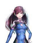  animal_print armor bangs bodysuit breasts brown_eyes brown_hair bunny_print covered_navel cowboy_shot d.va_(overwatch) dms facepaint facial_mark gloves hand_on_hip hand_up headphones high_collar highres long_hair looking_at_viewer medium_breasts open_mouth overwatch pauldrons pilot_suit shiny shiny_clothes shoulder_pads simple_background smile solo swept_bangs turtleneck whisker_markings white_background white_gloves 