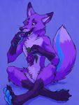  2016 amara_telgemeier canine eating food fox fruit fur grapes looking_at_viewer male mammal nude purple_fur purple_theme sitting solo 