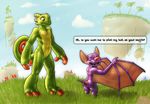  ambiguous_gender anthro background barefoot bat butt chameleon detailed_background english_text featureless_crotch hi_res laylee lizard looking_back looking_down male mammal mot naughty_face nude open_mouth outside plantigrade reptile scalie shiny size_difference standing text winged_arms wings yooka yooka-laylee 