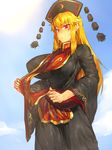  =3 black_dress blonde_hair blush breasts chinese_clothes clothes_lift commentary_request cowboy_shot crescent dress hat highres huge_breasts junko_(touhou) lifted_by_self long_hair long_sleeves melon22 red_eyes solo sweat tabard touhou wide_sleeves 