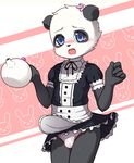  abstract_background bear blush bulge clothed clothing crossdressing cub holding_object maid_uniform mammal open_mouth panda panties panty_flash pattern_background ruugiaruu simple_background underwear uniform young 