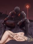  1girl armor ashen_one_(dark_souls_3) bdsm bondage bound bound_wrists breasts chain clothed_male_nude_female dark_sky dark_souls_iii eclipse fire_keeper highres large_breasts lying mask nipples nude on_side oxp_(okipuu) sitting slave souls_(from_software) spoilers stepped_on 