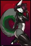  2016 anthro armwear black_claws black_fur black_nose bulge canine claws clothed clothing codeine english_text fur girly green_eyes green_fur green_pawpads grey_fur hair hi_res kneeling legwear looking_at_viewer male mammal multicolored_fur navel pawpads purple_background purple_hair red_background rubber side_view signature simple_background smile solo text thong toe_claws white_fur 