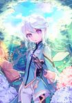  blue_hair book forest male_focus mikleo_(tales) name_(oiuio) nature purple_eyes smile solo staff tales_of_(series) tales_of_zestiria white_hair 