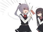  angry annin_musou asashio_(kantai_collection) bangs belt black_hair blouse blue_eyes branch commentary dress flying_sweatdrops green_eyes grey_hair hair_ribbon holding holding_branch kantai_collection kasumi_(kantai_collection) long_hair long_sleeves motion_lines multiple_girls neck_ribbon open_mouth paper pinafore_dress pleated_dress red_ribbon remodel_(kantai_collection) ribbon side_ponytail sketch sweat tanabata white_background 