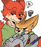  &lt;3 annoyed blush canine cradling crossed_arms disney duo elephant_suit fennec finnick fox looking_away male male/male mammal nick_wilde pacifier saku1saya size_difference speech_bubble zootopia 