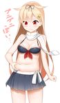  alternate_costume belly_grab bikini_top blonde_hair blush breasts cleavage cowboy_shot flab hair_flaps kantai_collection long_hair medium_breasts midriff miniskirt navel pleated_skirt plump poi red_eyes remodel_(kantai_collection) scarf simple_background skirt solo translated weight_conscious white_background yasuto_(eria151) yuudachi_(kantai_collection) 