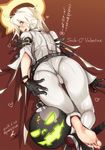  ass barefoot feet gloves guilty_gear guilty_gear_xrd halo highres jack-o'_valentine long_hair red_eyes rib:y(uhki) soles solo toes white_hair 