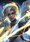  artist_name artstation_sample blonde_hair blue_eyes bodysuit breasts glowing glowing_wings high_ponytail highres holding holding_staff image_sample jpeg_artifacts large_breasts light_smile lips looking_at_viewer mechanical_halo mechanical_wings mercy_(overwatch) nose overwatch parted_lips qichao_wang solo staff upper_body watermark web_address wings yellow_wings 