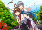  :d ;d ahoge bare_shoulders bird blush bow bowtie brown_hair carrying detached_sleeves double_bun flower grey_hair grey_legwear hair_between_eyes hair_ribbon hairband hawk headgear japanese_clothes kantai_collection kiyoshimo_(kantai_collection) kongou_(kantai_collection) konkito long_hair long_sleeves looking_at_viewer low_twintails multiple_girls nontraditional_miko ocean one_eye_closed open_mouth pantyhose petals piggyback purple_eyes ribbon ribbon_trim school_uniform skirt smile tree twintails very_long_hair 