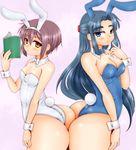  2girls asakura_ryouko ass ass-to-ass bangs bare_shoulders blue_eyes blue_hair blush breasts bunny_ears bunny_tail bunnysuit fake_animal_ears huge_ass leotard long_hair looking_at_viewer multiple_girls nagato_yuki naughty_face parted_bangs purple_eyes short_hair small_breasts smile standing suzumiya_haruhi_no_yuuutsu very_long_hair wide_hips wrist_cuffs yellow_eyes yukirin_(nagatoyuki_ibukifuko) yuri 