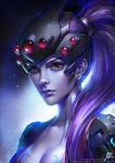  artist_name artstation_sample bodysuit breasts center_opening cleavage earrings ears expressionless head_mounted_display highres image_sample jewelry jpeg_artifacts lips long_hair looking_at_viewer nose overwatch ponytail purple_hair purple_skin qichao_wang solo stud_earrings upper_body watermark web_address widowmaker_(overwatch) yellow_eyes 