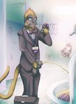  2016 anthro balls bathroom beard blue_eyes bow_tie briefcase brown_fur cellphone clothed clothing english_text eyewear facial_hair fur glasses graffiti halapmir hi_res inside male mammal monkey peeing penis phone primate solo star suit text toilet urine 