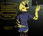  animatronic avian bird blue_eyes breasts butt chicken clothing cutoffs denim_shorts dialogue english_text female five_nights_at_freddy&#039;s five_nights_at_freddy&#039;s_2 ghost_(artist) looking_back machine robot sharp_teeth shorts smile speech_bubble teeth text tools toy_chica_(fnaf) video_games wrench 