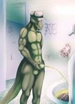  2016 anthro athletic balls bathroom english_text eyes_closed graffiti green_scales halapmir hat hi_res humanoid_penis inside lizard male monitor_lizard nipples nude open_mouth peeing penis reptile scales scalie smile solo star tattoo teeth text toilet urine 