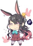  animal_ears ascot bangs black_hair blush bunny bunny_ears commentary_request dress eyebrows eyebrows_visible_through_hair flying_sweatdrops hair_ribbon hands_on_hips kantai_collection kemonomimi_mode long_hair looking_to_the_side lowres multicolored_hair naganami_(kantai_collection) pantyhose pekeko_(pepekekeko) pinafore_dress pink_hair ribbon sidelocks sketch solo spoken_squiggle squiggle sweat yellow_eyes 