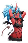  armlet armpits arms_up blue_hair breasts demon_girl demon_tail demon_wings green_eyes horn kneesocks_(psg) long_hair mini_wings navel panty_&amp;_stocking_with_garterbelt ponytail red_skin small_breasts solo studded_bracelet tail upper_body whistle_frog wings 