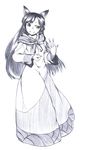  1girl absurdres animal_ears blush brooch commentary_request dress fingernails full_body greyscale highres imaizumi_kagerou jewelry long_fingernails long_hair long_sleeves looking_at_viewer monochrome sharp_fingernails smile solo touhou white_dress wide_sleeves wolf_ears 