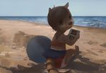 anthro beach brown_fur brown_hair clothing cub exalius fur girly green_eyes hair headband looking_at_viewer male mammal mustelid nintendo nintendo_ds otter sand sand_castle sculpture sea seaside sitting sky smile solo swimsuit video_games water young 