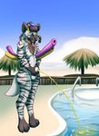  2016 anthro balls beach black_fur black_nose cloud collar day english_text equine eyewear fur goggles halapmir hi_res hybrid hyena male mammal nude orange_eyes outside peeing penis sand seaside sky smile snorkel solo stripes swimming_pool teeth text tube urine water white_fur zebra 