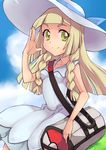  bag blonde_hair braid dress green_eyes hat lillie_(pokemon) long_hair pokemon pokemon_(game) pokemon_sm sleeveless sleeveless_dress smile solo sun_hat tama!_(lazyturtle) twin_braids white_dress 