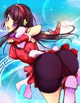  :o asamiya_athena ass bike_shorts breasts cameltoe fingerless_gloves gloves hairband jewelry katori_(mocchidou) looking_at_viewer looking_back medium_breasts necklace open_mouth purple_eyes purple_hair red_hairband skirt solo the_king_of_fighters thighs 
