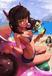  bangs banner beach beach_umbrella bikini bikini_under_clothes blue_bikini blue_shorts blue_sky blurry breasts brown_eyes brown_hair bubble_blowing buried cellphone chewing_gum cleavage closed_mouth cloud d.va_(overwatch) day depth_of_field eyelashes facial_mark from_above fur_trim glowing goomrrat hair_tie headphones highres holding hologram hood light_particles long_hair looking_at_viewer mask mecha medium_breasts meka_(overwatch) mouth_hold ocean outdoors overwatch phone reaper_(overwatch) rope sand science_fiction shade shiny shiny_skin shorts sideboob sitting sky smile solo string_bikini swept_bangs swimsuit swimsuit_under_clothes umbrella whisker_markings yellow_eyes 