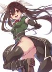  :d ass black_footwear black_gloves black_legwear boots brown_eyes brown_hair elbow_gloves from_behind gloves hair_between_eyes kantai_collection leg_up long_hair looking_back no_panties open_mouth pelvic_curtain pointing remodel_(kantai_collection) smile solo standing thighhighs tone_(kantai_collection) twintails yamaarashi 