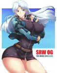  belt breasts calvina_coulange covered_nipples curvy green_eyes haganef large_breasts long_hair silver_hair solo super_robot_wars super_robot_wars_judgement super_robot_wars_og_moon_dwellers thick_thighs thighs wide_hips 