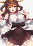  ;d ahoge alternate_eye_color bare_shoulders breasts brown_hair covered_navel cup detached_sleeves double_bun hair_between_eyes hair_tucking hairband japanese_clothes kantai_collection kongou_(kantai_collection) large_breasts long_hair looking_at_viewer nontraditional_miko one_eye_closed open_mouth ribbon-trimmed_sleeves ribbon_trim simple_background skirt skirt_set smile solo teacup wide_sleeves yamaarashi yellow_eyes 