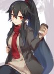 black_hair coffee_cup contemporary cup disposable_cup jacket kantai_collection long_hair looking_at_viewer parted_lips ponytail red_eyes red_scarf ribbed_sweater scarf scrunchie solo sweater winter_clothes yahagi_(kantai_collection) yamaarashi 