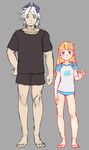  1boy 1girl age_difference bare_legs blonde_hair full_body horns loli long_hair looking_at_viewer original pettankon simple_background size_difference sketch standing 