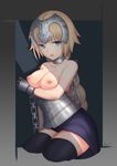  absurdres blonde_hair bound bound_wrists braid breasts chain choker fate/apocrypha fate_(series) gauntlets headpiece highres jeanne_d'arc_(fate) jeanne_d'arc_(fate)_(all) lanzi_(415460661) long_hair looking_at_viewer medium_breasts nipples single_braid solo thighhighs zettai_ryouiki 