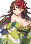  amagi_(kantai_collection) breasts brown_eyes brown_hair furisode hair_between_eyes hair_ornament hand_on_own_chest japanese_clothes kantai_collection kimono large_breasts leaf leaf_hair_ornament long_hair looking_at_viewer maple_leaf mole mole_under_eye off_shoulder ponytail solo upper_body yamaarashi 