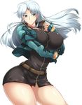  belt breasts calvina_coulange covered_nipples curvy green_eyes haganef large_breasts long_hair silver_hair simple_background solo super_robot_wars super_robot_wars_judgement thick_thighs thighs white_background wide_hips 