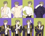  armor bowing brown_hair closed_eyes dressing gloves heshikiri_hasebe japanese_armor japanese_clothes kimono male_focus multiple_views nipples open_clothes open_shirt parted_lips purple_eyes sequential shirt shoulder_armor smile sode touken_ranbu twoframe white_gloves yukata 