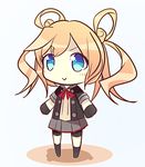  abukuma_(kantai_collection) bike_shorts black_gloves blonde_hair blue_background blue_eyes chibi commentary_request double_bun eyebrows eyebrows_visible_through_hair gloves jacket kantai_collection kuro_nasu legs_up looking_at_viewer remodel_(kantai_collection) school_uniform short_sleeves skirt solo twintails 