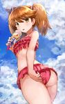  adjusting_clothes adjusting_swimsuit alternate_costume ass bikini bikini_skirt blue_sky brown_eyes brown_hair cloud cloudy_sky day flat_chest food frilled_bikini frilled_skirt frills from_below hair_between_eyes highres ice_cream kantai_collection long_hair looking_at_viewer md5_mismatch okitsugu outdoors pink_bikini red_bikini revision ryuujou_(kantai_collection) sideways_hat skirt sky solo stomach sweat swimsuit thighs tongue tongue_out twintails visor_cap 