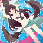  arms_up ball bikini black_hair black_wings blush cape dutch_angle hair_ribbon heart long_hair midriff navel no_nose open_mouth red_eyes reiuji_utsuho ribbon smile solo swimsuit touhou white_bikini wings yosu_(surume-ika) 