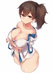  bottomless breast_hold breasts brown_hair clothes_down collarbone colored_eyelashes covered_nipples crossed_arms curvy from_side hakama japanese_clothes jitome kaga_(kantai_collection) kantai_collection large_breasts looking_at_viewer navel open_clothes puffy_nipples short_ponytail side_ponytail simple_background solo white_background wide_sleeves yamaarashi yellow_eyes 