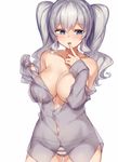  blouse breasts clothes_down collarbone finger_to_mouth hair_between_eyes heart heart-shaped_pupils kantai_collection kashima_(kantai_collection) large_breasts long_hair looking_at_viewer panties see-through silver_hair solo striped striped_panties symbol-shaped_pupils twintails underwear upper_body wavy_hair yamaarashi 