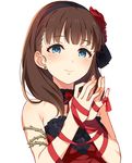  bare_shoulders blue_eyes breasts brown_hair choker earrings flower hair_flower hair_ornament hairband idolmaster idolmaster_cinderella_girls idolmaster_cinderella_girls_starlight_stage jewelry looking_at_viewer love_destiny medium_breasts ribbon sakuma_mayu short_hair simple_background smile solo thorns yuuhi_(ages) 