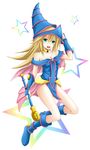  1girl bare_shoulders blonde_hair blush boots breasts dark_magician_girl duel_monster green_eyes hat large_breasts long_hair looking_at_viewer magical_girl oosato_haya smile solo wizard_hat yu-gi-oh! 