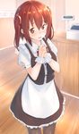  alternate_costume apron black_legwear blush brown_eyes brown_hair buttons cash_register ebina_nana frills hands_together highres himouto!_umaru-chan indoors looking_at_viewer maid open_mouth pantyhose short_hair short_sleeves solo twintails waitress wooden_floor wrist_cuffs yuki_arare 