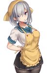  adjusting_clothes apron black_skirt blue_eyes breasts from_side hair_over_one_eye hamakaze_(kantai_collection) impossible_clothes kantai_collection large_breasts looking_at_viewer miniskirt open_mouth pantyhose pleated_skirt school_uniform serafuku short_hair short_sleeves silver_hair simple_background skirt solo towel towel_on_head yamaarashi 
