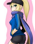  1girl aqua_eyes artist_request ass baseball_cap blonde_hair blush breasts fate/grand_order fate_(series) hands_in_pockets heroine_x jacket long_hair looking_at_viewer looking_back ponytail saber scarf shorts sideboob solo 