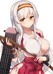  bow_(weapon) breasts collarbone fingerless_gloves gloves hairband hakama_skirt headband holding holding_weapon japanese_clothes kantai_collection large_breasts long_hair looking_at_viewer muneate shoukaku_(kantai_collection) simple_background solo torn_clothes underboob upper_body weapon white_hair yamaarashi yellow_eyes 